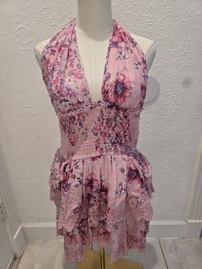 Pink Floral Halter Smocked Mini Dress